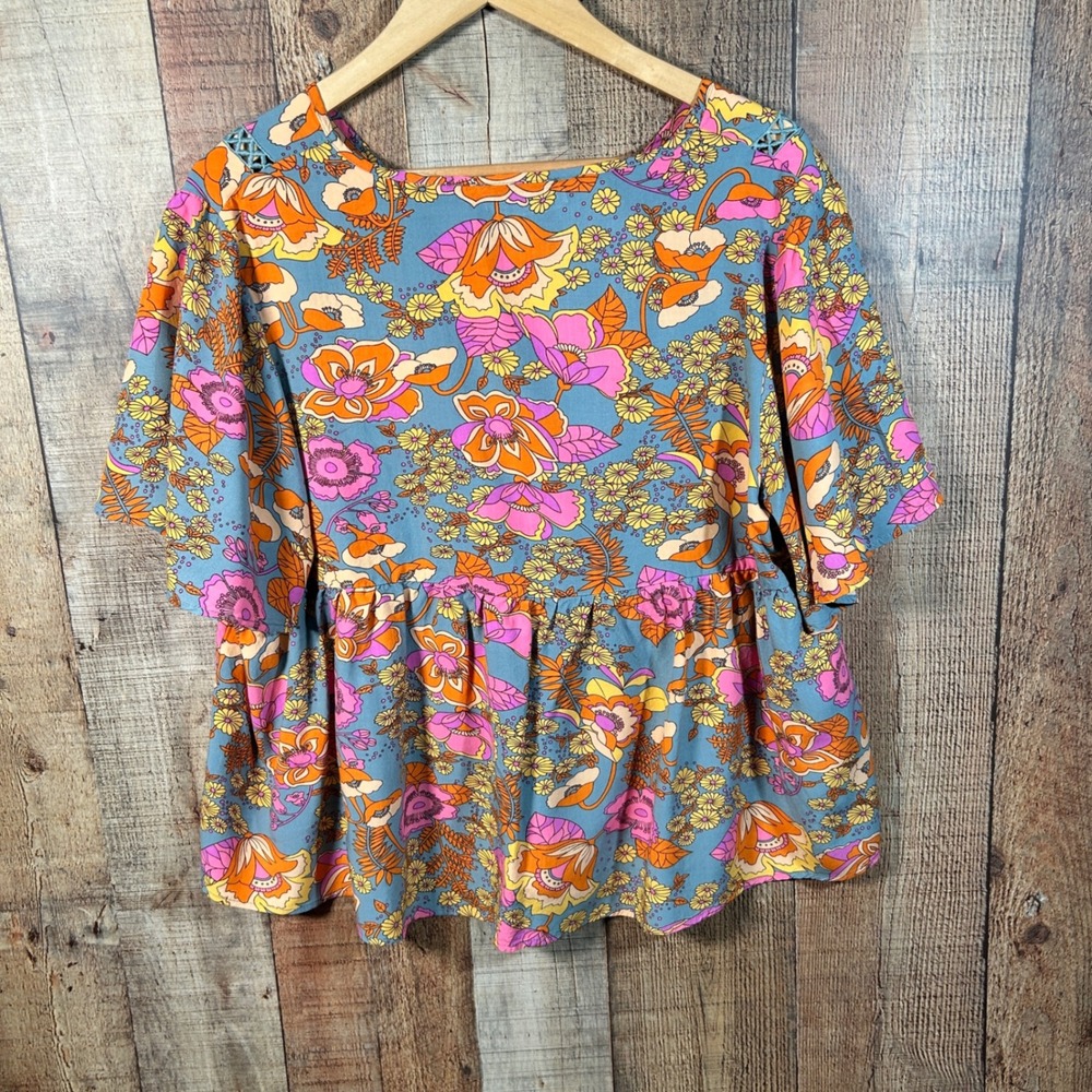 Rusttydustty Pink Orange Floral Viscose Peplum Boho Babydoll Top Plus Size 2XL - Picture 7 of 7